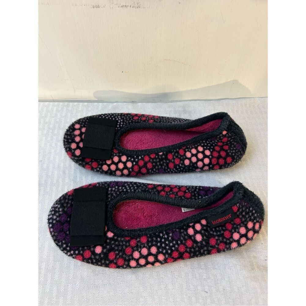 Isotoner slippers Large 8-9 flat slippers‎ black pink dots washable